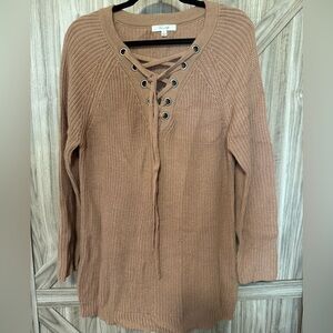 Active USA Women's V-Neck Lace-Up Sweater in Tan